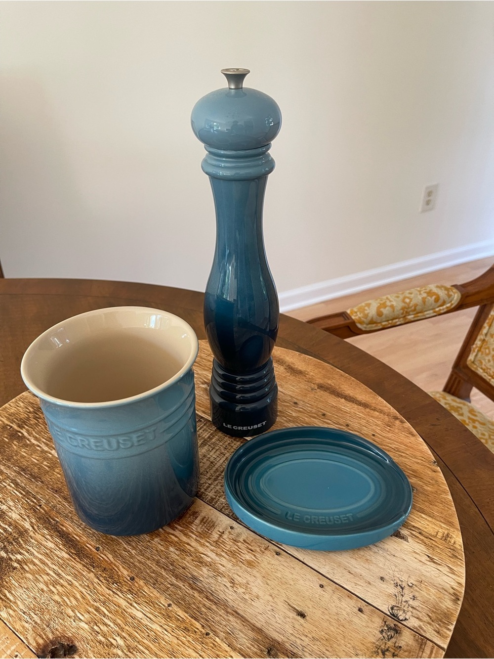 Le Creuset Blue Gradient Stoneware Utensil Crock Set with Pepper Mill and Lid